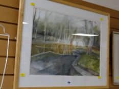 Framed watercolour - Welsh woodland with footbridge by Ceri Barclay dated 2000