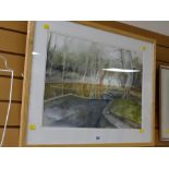 Framed watercolour - Welsh woodland with footbridge by Ceri Barclay dated 2000