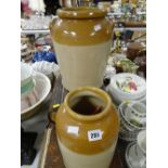 Two good stoneware dairy containers - ideal for kitchen utensils, one with twin-handles
