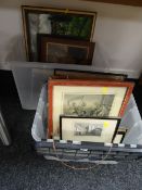 Two tubs of mixed framed pictures