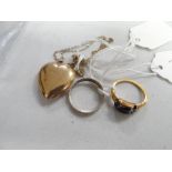 A 9ct heart shaped locket and two rings