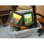 A tub of framed pictures etc