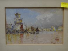 A good quality watercolour of a believed continental port with tall ships, signed with initials