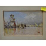 A good quality watercolour of a believed continental port with tall ships, signed with initials