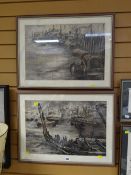 A pair of framed watercolours of early nineteenth century semi-urban dockland scenes
