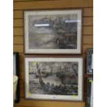 A pair of framed watercolours of early nineteenth century semi-urban dockland scenes