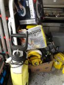 A parcel of cleaning tools including jet wash, wallpaper stripper, car buffering items etc