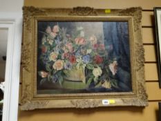 Framed oil on canvas, study of a bowl of flowers and roses in a good gilt frame