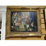 Framed oil on canvas, study of a bowl of flowers and roses in a good gilt frame