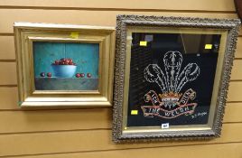 Vintage framed embroidery of the Prince of Wales feathers by JJ Hayes together with a modern