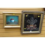 Vintage framed embroidery of the Prince of Wales feathers by JJ Hayes together with a modern