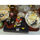 EPNS handled dish, sauce boat and tray, lustre jug, bulldog figures etc