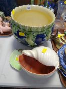 Majolica-style planter, Poole pottery conch shell, Carltonware dish
