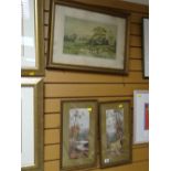 Two early twentieth century prints of mountain scenes together with a framed print of cows watering
