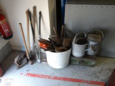 Parcel of vintage garden tools and other tools, vintage metal watering cans etc