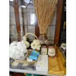 Parcel of various decorative items including wicker basket, artificial flowers, blanket, pine