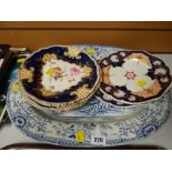 Large blue & white charger together with a parcel of hand painted English porcelain dessert plates