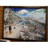 Oil on canvas - valley village under snow with dog walkers and horse riders