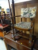 A Priory or style elbow chair, two standard lamps and an antique drop leaf table
