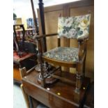 A Priory or style elbow chair, two standard lamps and an antique drop leaf table