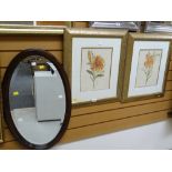 Two modern gilt framed prints of lilies together with a vintage mahogany framed oval bevelled wall