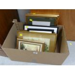 Box of gilt framed watercolours, black & white prints together with botanical prints