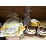 A parcel of mixed china and glass including cake stands, teapots, Ewenny mug, decanters etc