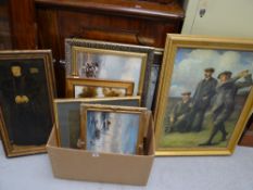 Parcel of framed pictures & prints including an oil on canvas of a vintage golfing scene etc