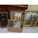 Parcel of framed pictures & prints including an oil on canvas of a vintage golfing scene etc