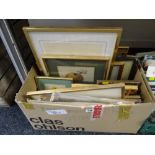 A box of various framed coloured etchings and prints including botanic specimens, unframed map,