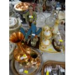 Parcel of china and metalware including Capodimonte figure of a poacher, dressing table set,