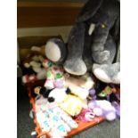 Crate of various children's soft toys including a large elephant