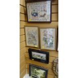 A framed small sampler together with two Chinese painted silks and two framed oils on board