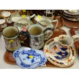 Two Leighton pottery Chinese rose jugs, two large stoneware tankards decorated with hunting scenes