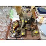 Tray of various metalware including horse brasses, brass inkwell & blotter, bull's horn vase etc