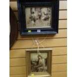 Two framed oleographs - continental street scene and female playing a lyre