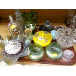 A tray of various coloured and painted glass items including Vaseline glass