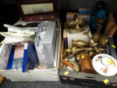 Two boxes of various household items including brassware, Royal Worcester Evesham storage jar etc