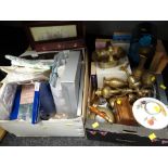 Two boxes of various household items including brassware, Royal Worcester Evesham storage jar etc