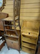 A pine open bookcase with drawer, vintage night cabinet and a cane work chair