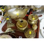 Parcel of various brassware including low candlesticks, chestnut warmer, letter rack etc