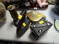 Vintage Kodak box camera, brass trivets, miniature miners lamp, hot iron