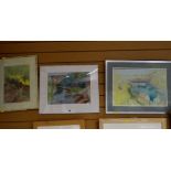 Framed pastel of walkway over stream, unsigned together with two other framed watercolours,