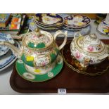 Two Carltonware Oriental decorated dishes together with an English Staffordshire hand painted teapot