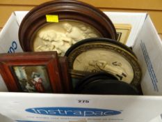 Box containing framed prattware lids, miniature oleographs, framed Jasperware-style plaques etc