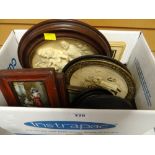 Box containing framed prattware lids, miniature oleographs, framed Jasperware-style plaques etc