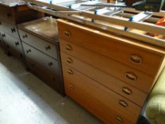 Retro chest of five long drawers together with a vintage three drawer polished chest