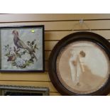 A vintage circular mahogany framed sepia print together with a vintage framed embroidery of a bird