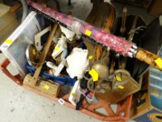 Crate of various household items including brass bound magazine rack, brass fire irons, umbrellas,