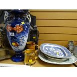 Three blue & white platters, a large Staffordshire twin-handled vase etc